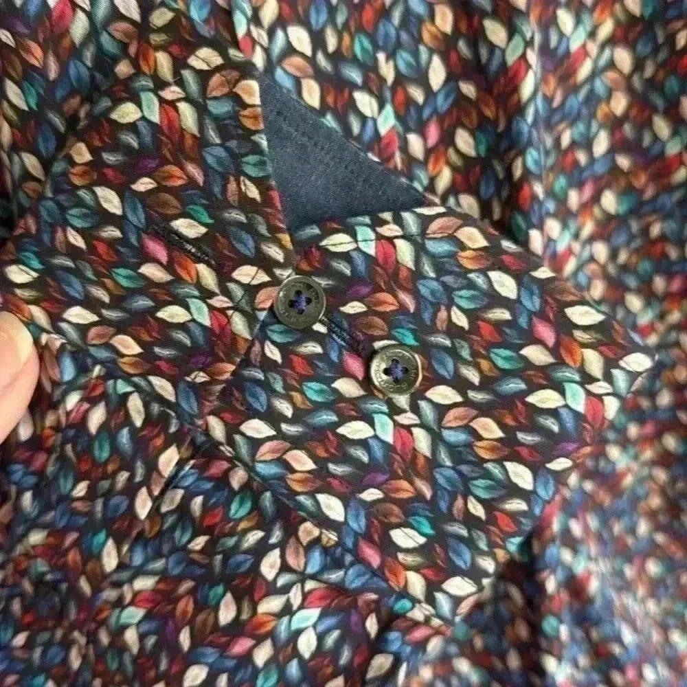 Bugatchi Navy Leaf Print Button Down Classic Fit … - image 6